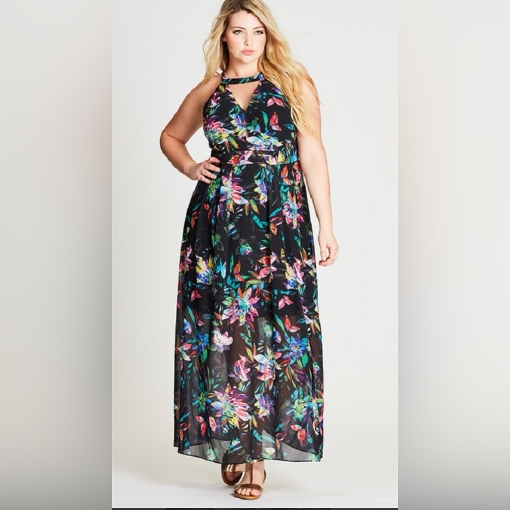 City Chic Black Floral Maxi Dress Cage Halter Lined Chiffon Slit Women’s Sz S/16